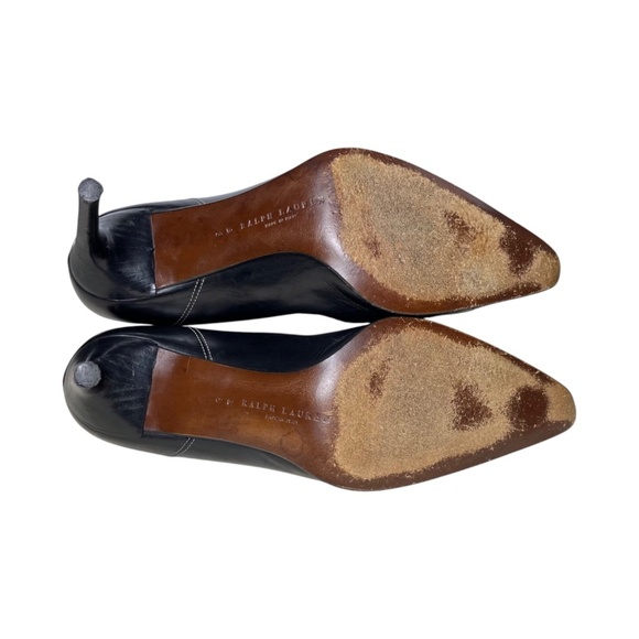 Ralph Lauren Made in Italy Black Leather Heels Pumps White Stitching Size 8 B - Picture 8 of 10